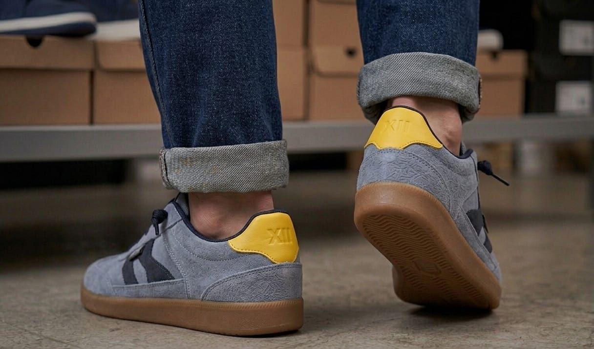 Las mismas zapatillas de ante gris vistas por detrás, con talonera amarilla