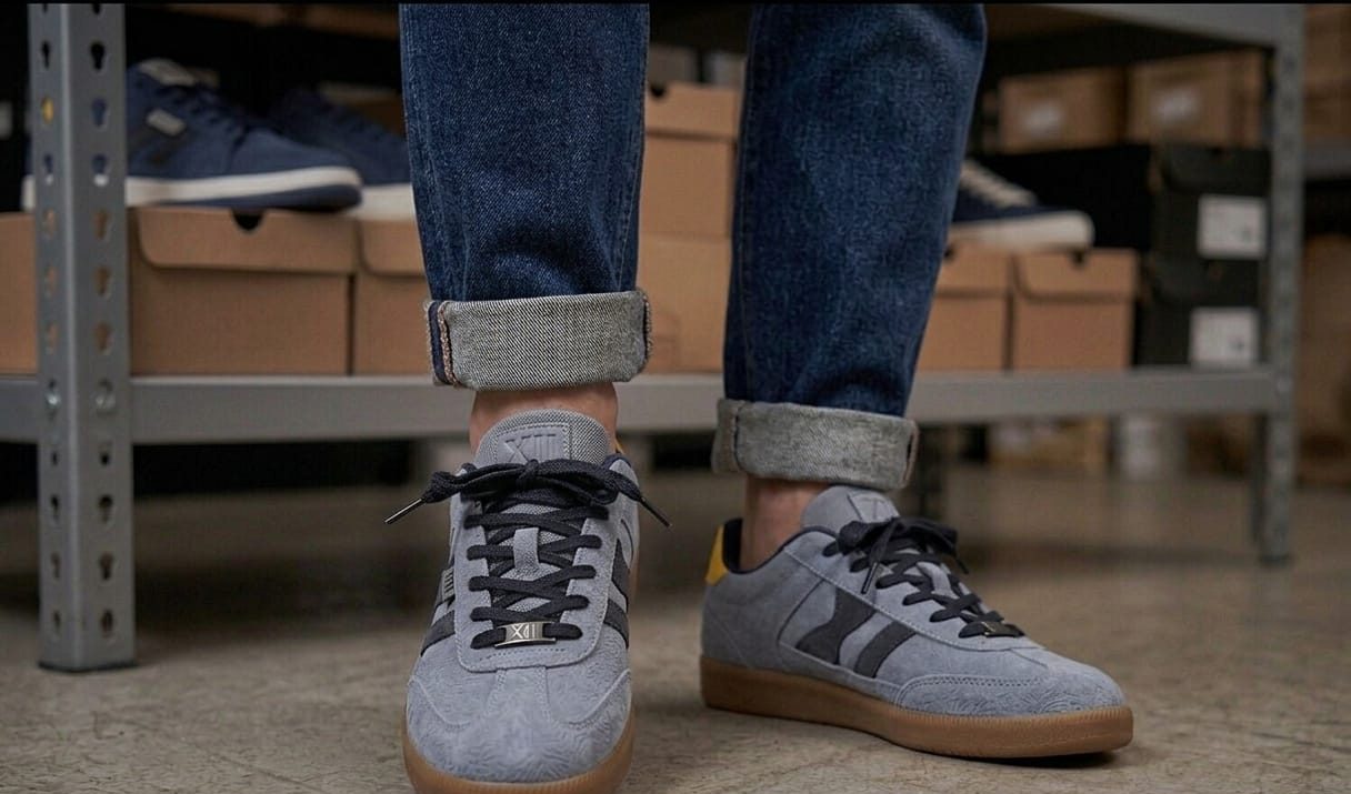 Zapatillas de ante gris con suela de goma y cordones negros, vistas de frente