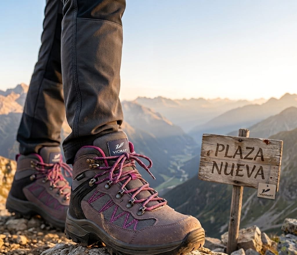 Botas de senderismo grises con cordones morados sobre una roca, con montañas al fondo