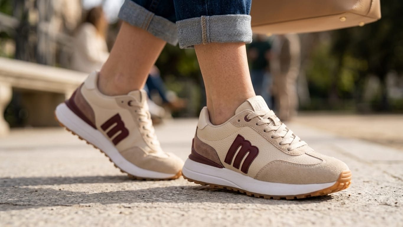 Zapatillas beige y burdeos de mujer con suela blanca, vistas de lado