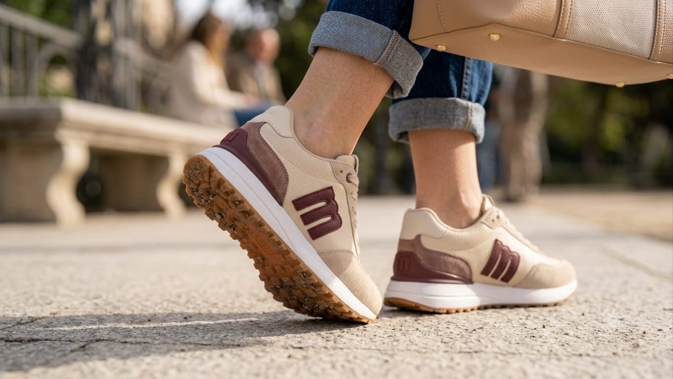 Zapatillas beige y burdeos de mujer con suela de goma, al caminar