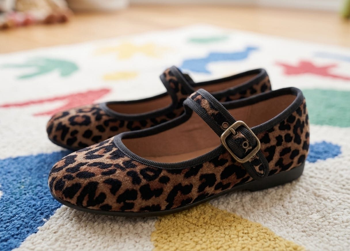 Merceditas infantiles de estampado de leopardo con hebilla dorada, sobre una alfombra de colores